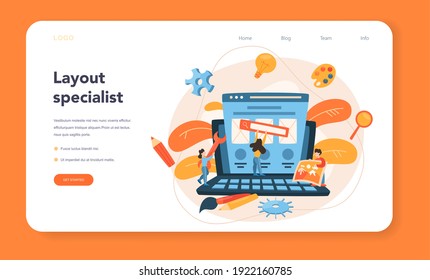 Layout designer web banner or landing page. Web development, mobile app design. People building user interface template. Computer technology. Isolated flat vector illustration