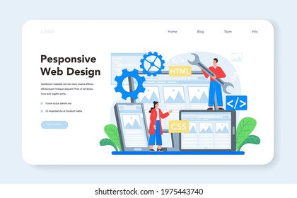 Layout designer web banner or landing page. Web development, mobile app design and optimization. People building user interface template. Computer technology. Flat vector illustration