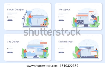 Layout designer web banner or landing page set. Web development, mobile app design. People building user interface template. Computer technology. Isolated flat vector illustration