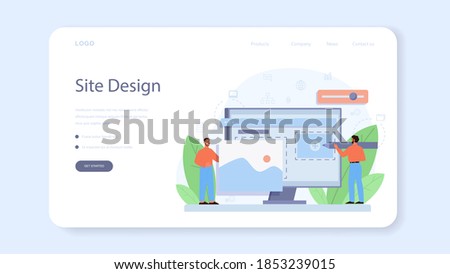 Layout designer web banner or landing page. Web development, mobile app design. People building user interface template. Computer technology. Isolated flat vector illustration