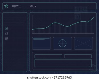 Das Layout zeigt ein Datenanalyse-Dashboard mit mehreren Diagrammen an, die Trends zeigen. Links befinden sich Abschnitte für die Navigation und Steuerelemente für die Benutzereingabe.