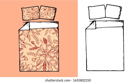 Layout of double bedding. Floral and white bedding mock-up.  Bedding and two pillow cases. Template for presentation textile industry product. Hand drawn vector illustration