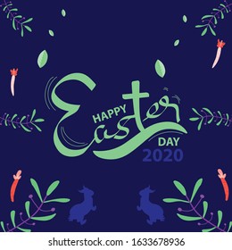 Layout of Easter Day vector concept with leaves and silhouette of bunnies, isolated in dark blue background