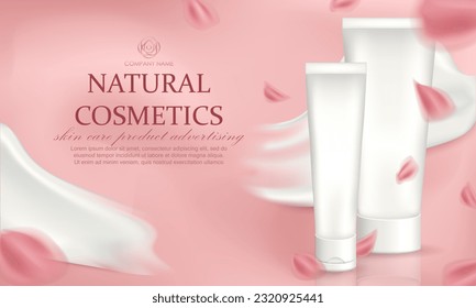 Diseño de una elegante pancarta con productos naturales para el cuidado de la piel. Afiche publicitario de color rosa suave con pétalos de flores, cigala crema y diseño de embalaje de productos cosméticos orgánicos en tubo realista blanco. Promoción de publicidad