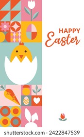 Layout festive card or poster, banner, cover for Happy Easter with text. Trendy design with geometric shapes. Icons with eggs, bunny, flowers, chicken. Bauhaus style.