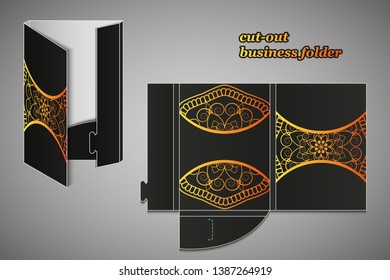 The layout of folders, stationery objects with an element of the mandala design of the corporate style. gold, black corporate identity stationery for logo presentation