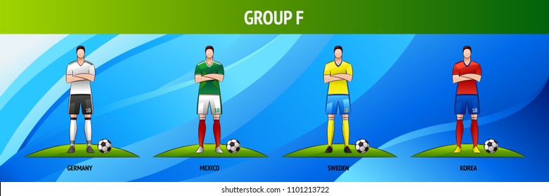 The layout of the football uniform of group F on a blue background. The final of the football tournament 2018. Vector illustration.
