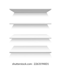 Layout of four white shelves on the wall, in perspective. Shelving for storage, template for advertising. Isolated on white background vector