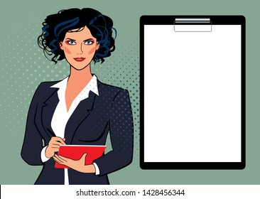 Layout Girl and Blank form to write. Business lady secretary in business suit writes in a notebook. Vector full color graphics