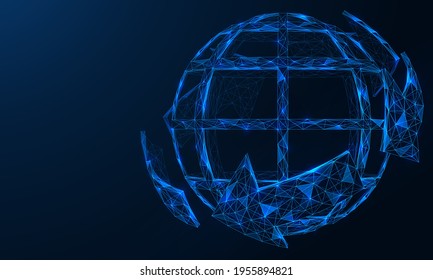 Anordnung des Globus mit Pfeilen. Globales Internet-Netzwerk. Polygonale Konstruktion von verketteten Linien und Punkten. Blauer Hintergrund.