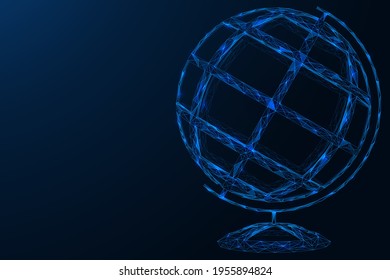 Diseño del globo en un estrado. Un modelo tridimensional poligonal compuesto por líneas y puntos concatenados. Fondo azul.