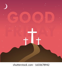 Layout of Good Friday vector concept with crucifixion of Jesus Christ and other two thieves atop of the hill in orange evening sky background and transparent Good Friday text