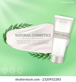 Layout of green square post banner with organic skin care product. Ad poster with leaves, cream smear and packaging design of natural cosmetic product in white realistic tube. Advertising promo