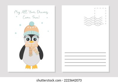 the layout of a greeting card with a cute penguin