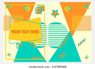 Layout of a greeting card template in 80s memphis style with isolated geometric elements and colorful background
