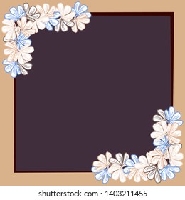 Layout for greeting card text. Square frame of beige color with a garland of leaves of flowers on a dark background with a copy space