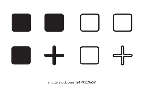Layoutraster Symbol hinzufügen. Hinzufügen, Neu, Plus-Symbol., Raster-Menü-Symbol. Dünne, Linie, Umrisssymbole, neues Menüsymbol, mehr Icons erstellen Button für App und Website verwenden
