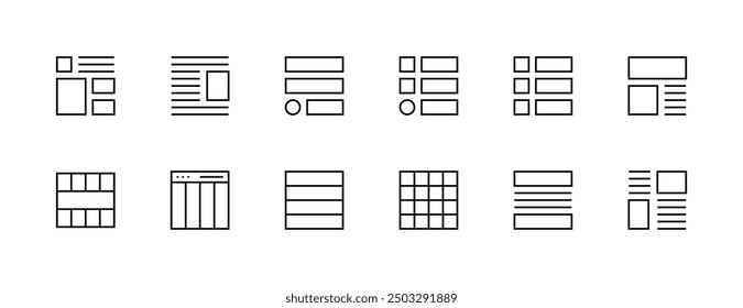 Layout and Grid icon collection. User interface icons, sidebar, layout, grid system, toolbar, wireframe, alignment guide, configuration and more. Editable stroke. Pixel Perfect. Grid base 32 x 32.