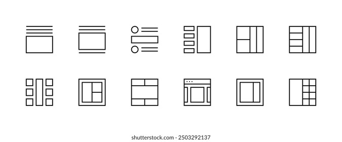 Layout and Grid icon collection. User interface icons, sidebar, layout, grid system, toolbar, wireframe, alignment guide, configuration and more. Editable stroke. Pixel Perfect.