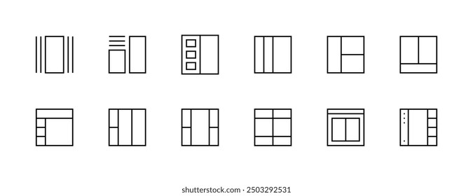 Colección de iconos de diseño y cuadrícula. Iconos de interfaz de usuario, barra lateral, diseño, sistema de cuadrícula, barra de herramientas, estructura de alambre, guía de alineación, configuración y más. Trazo editable. Pixel perfecto.