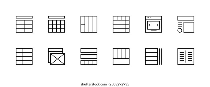 Symbolsammlung für Layout und Raster. Benutzeroberflächensymbole, Seitenleiste, Layout, Gittersystem, Werkzeugleiste, Drahtmodell, Ausrichtungsleitfaden, Konfiguration und mehr. Bearbeitbarer Strich. Pixel perfekt.