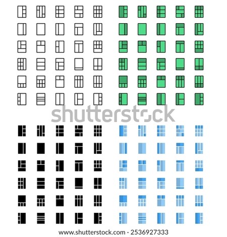 Layout grid icons for web. Outline, glyph and colour