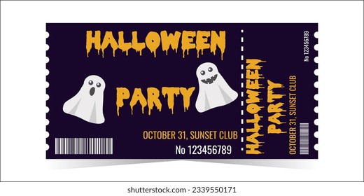 Layout of the Halloween Party Ticket Template. Creepy and cute ghosts on a dark background. Horizontal colorful design for events. The concept of the holiday. Vector illustration.