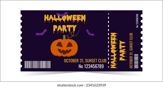 Layout of the Halloween Party Ticket Template. Scary pumpkin on a dark background. Horizontal colorful design for events. The concept of the holiday. Vector illustration.