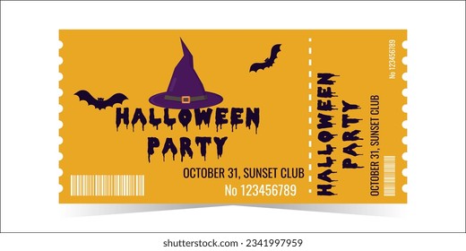 Layout of the Halloween Party Ticket Template. A witch's hat and bats on a yellow background. Horizontal colorful design for events. The concept of the holiday. Vector illustration.