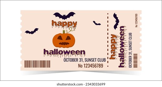 Layout of the Halloween Party Ticket Template. Ominous pumpkin and bats. Horizontal colorful design for events. The concept of the holiday. Vector illustration.