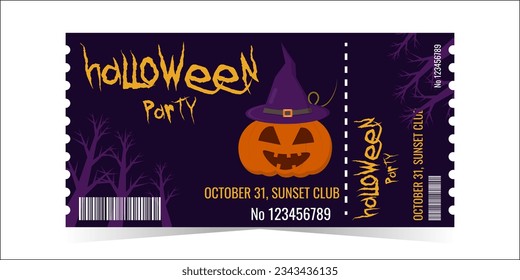 Layout of the Halloween Party Ticket Template. Pumpkin in a witches hat on a dark background. Horizontal colorful design for events. The concept of the holiday. Vector illustration.