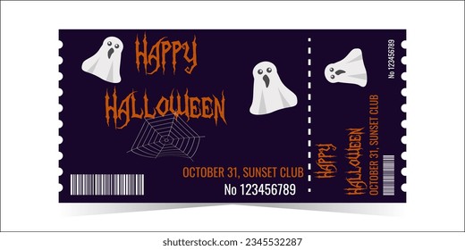Diseño de la plantilla de entradas de la fiesta de Halloween. Espeluznantes fantasmas sobre un fondo oscuro. Diseño horizontal colorido para eventos. El concepto de vacaciones Ilustración vectorial.