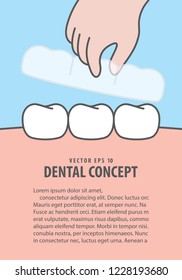 Layout Hand holding essix retainer for put on or take off with teeth illustration vector on blue background. Dental concept.