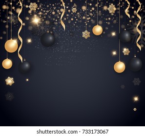 Layout Happy New Year 2018 golden and black color space for text Christmas balls, and snowflakes. Golden bokeh, light and ribbons. Vector illustration