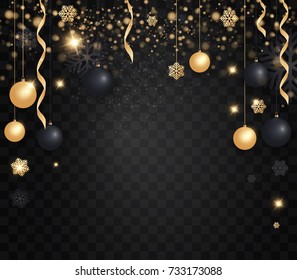 Layout Happy New Year 2018 golden and black color space for text Christmas balls, gold concerts and snowflakes. Golden bokeh, light and ribbons. Vector illustration