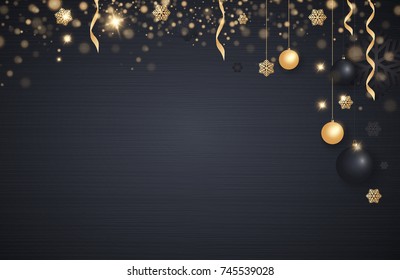 Layout Happy New Year 2018 golden and black color space for text Christmas balls, gold concerts and snowflakes. Golden bokeh, light and ribbons. Vector illustration