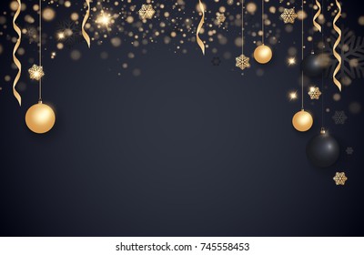 Layout Happy New Year 2018 golden and black color space for text Christmas balls, gold concerts and snowflakes. Golden bokeh, light and ribbons. Vector illustration