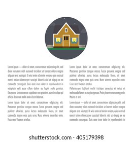 Layout with a house. Holiday house at the top of the layout. Space for the title and text.