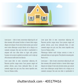 Layout with a house. Holiday house at the top of the layout. Space for the title and text.