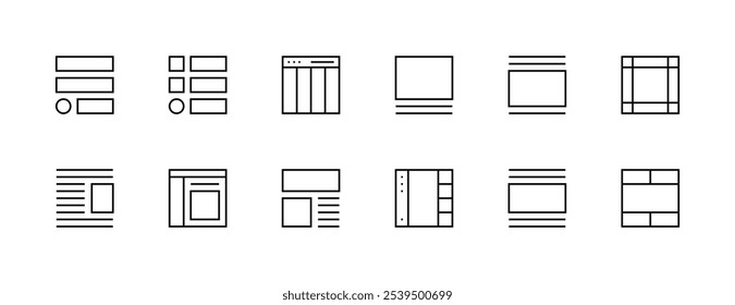 Coleção de ícones de layout. Conjunto de ícones de grade. Ícones da interface do usuário, barra lateral, layout, sistema de grade, barra de ferramentas, wireframe, guia de alinhamento, configuração e muito mais. Traçado editável. Pixel perfeito. Grade de 32px.