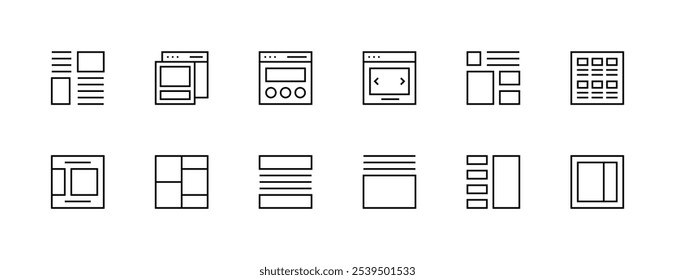 Layout icon collection. Grid icon set. User interface icons, sidebar, layout, grid system, toolbar, wireframe, alignment guide, configuration and more. Editable stroke. Pixel Perfect. Grid base 32px.