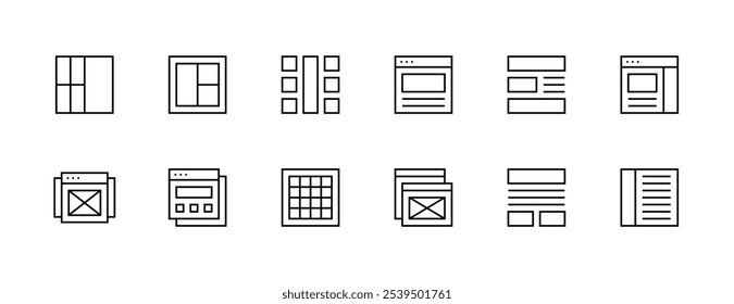 Layout icon collection. Grid icon set. Interface icons, sidebar, layout, grid system, toolbar, wireframe, alignment guide, configuration and more. Editable stroke. Pixel Perfect. Grid base 32px.