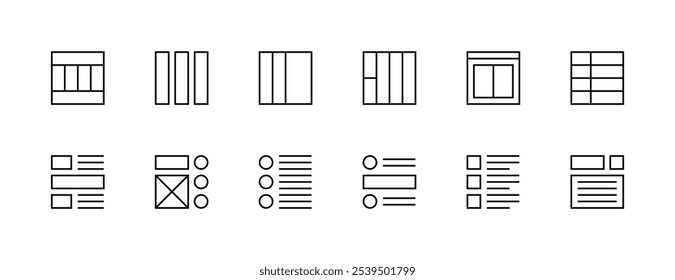 Layout icon collection. Grid icon set. User interface icons, sidebar, layout, grid system, toolbar, wireframe, alignment guide, configuration and more. Editable stroke. Pixel Perfect. Grid base 32px.