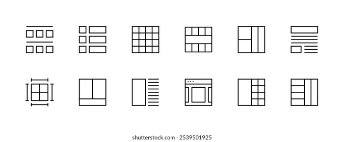 Layout icon collection. Grid icon set. User interface icons, sidebar, layout, grid system, toolbar, wireframe, alignment guide, configuration and more. Editable stroke. Pixel Perfect. Grid base 32px.