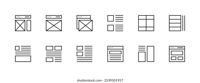 Layout icon collection. Grid icon set. User interface icons, sidebar, layout, grid system, toolbar, wireframe, alignment guide, configuration and more. Editable stroke. Pixel Perfect. Grid base 32px.