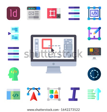 layout icon set. 17 flat layout icons.  Simple modern icons such as: indesign, page, justify, editor, coding, gif, wireframe, edit tools, shapes, align right, italic, sort ascending