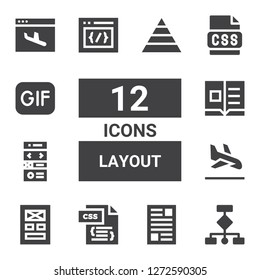 layout icon set. Collection of 12 filled layout icons included Wireframes, Layout, Css, Landing page, Flyer, Gif, Pyramid chart