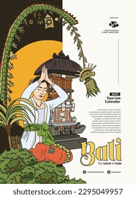 Layout idea for social media or magazine cover with balinese people illustration 