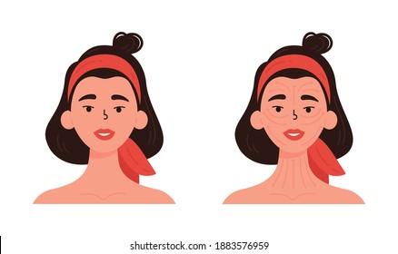 Layout, instructions for facial massage. Young woman with massage lines on her face. Anti-aging skin care method step by step. Morning ritual for skin care. Vector. 