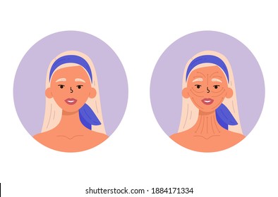 Layout, instructions for facial massage. Young blonde woman with massage lines on her face. Anti-aging skin care method step by step. Morning ritual for skin care. Vector. 